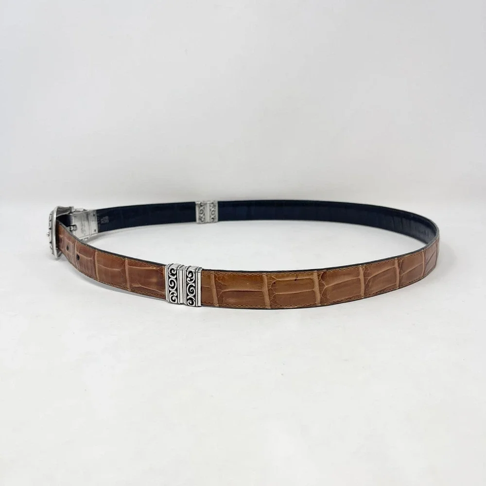 Brighton Reversible Leather Belt Wms 36 Navy Blue Brown Croc Embossed Silver